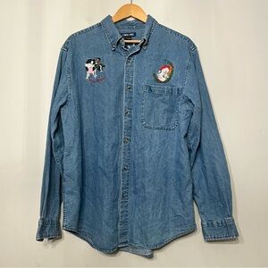 Cherokee Christmas Shirt Denim Chambray Button Up Cow String‎ Lights Women’s M
